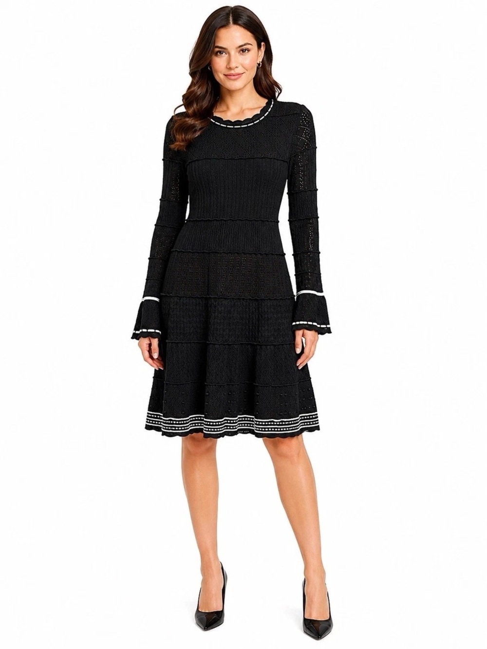 Shoshanna / Black Pointelle Knit Midi Dress with White Trim - Sz. M